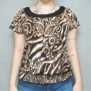 AB Studio Floral Brown and White Short Sleeve Blouse